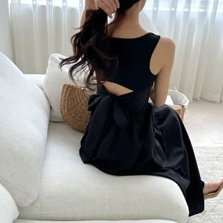 knit long black sleeveless wide ribbon one-piece dress