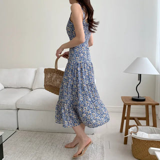 chiffon flower pattern nasi sleeveless long one-piece dress