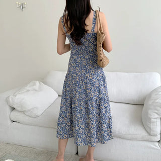 chiffon flower pattern nasi sleeveless long one-piece dress