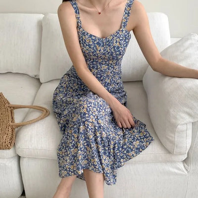 chiffon flower pattern nasi sleeveless long one-piece dress