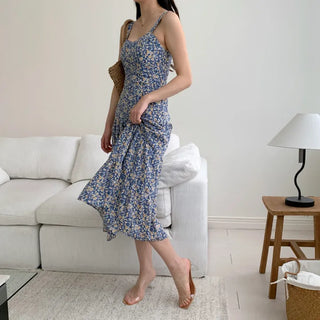 chiffon flower pattern nasi sleeveless long one-piece dress