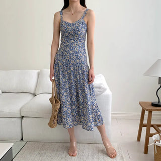 chiffon flower pattern nasi sleeveless long one-piece dress