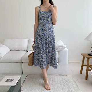 chiffon flower pattern nasi sleeveless long one-piece dress