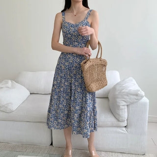 chiffon flower pattern nasi sleeveless long one-piece dress