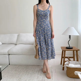 chiffon flower pattern nasi sleeveless long one-piece dress