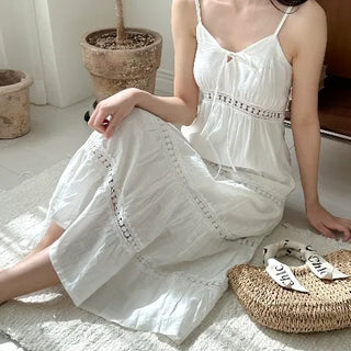 Sleeveless Strappy White Lace Long One Piece