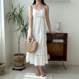 Sleeveless Strappy White Lace Long One Piece