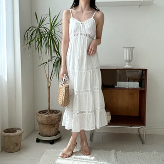 Sleeveless Strappy White Lace Long One Piece