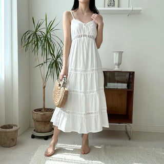 Sleeveless Strappy White Lace Long One Piece