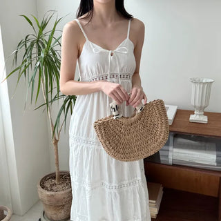 Sleeveless Strappy White Lace Long One Piece