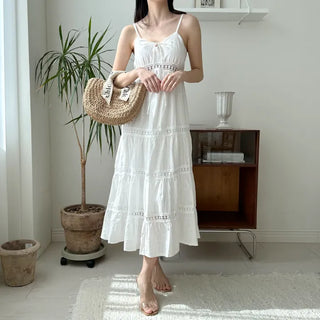 Sleeveless Strappy White Lace Long One Piece