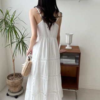Sleeveless Strappy White Lace Long One Piece
