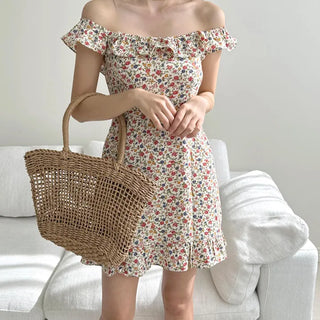 ivory flower off-shoulder mini slim one-piece dress