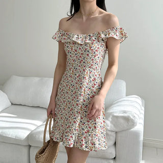 ivory flower off-shoulder mini slim one-piece dress