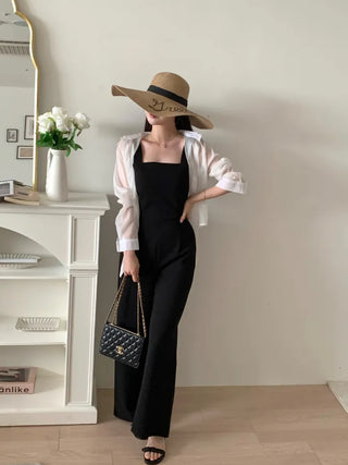 backless sleeveless nasi strap black long wide jumpsuit