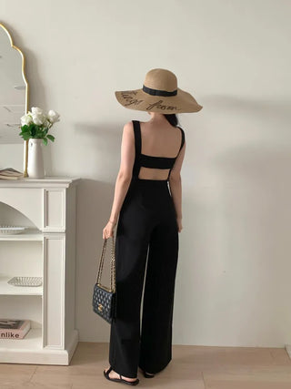 backless sleeveless nasi strap black long wide jumpsuit
