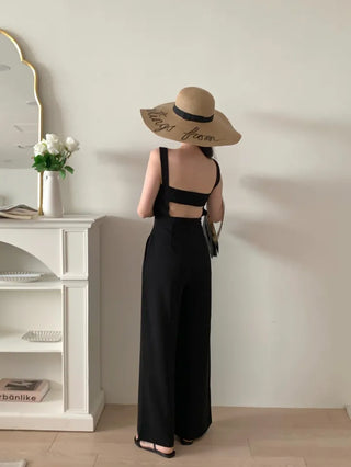 backless sleeveless nasi strap black long wide jumpsuit