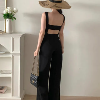 backless sleeveless nasi strap black long wide jumpsuit