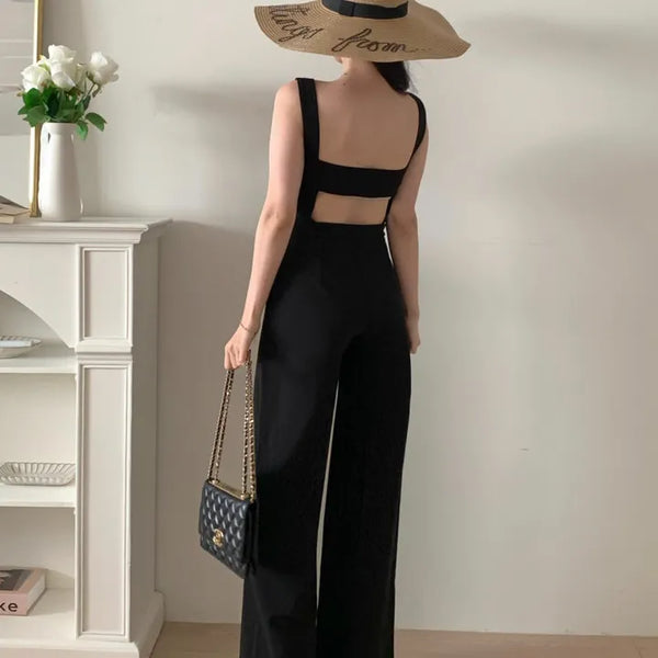backless sleeveless nasi strap black long wide jumpsuit
