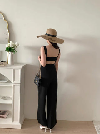 backless sleeveless nasi strap black long wide jumpsuit