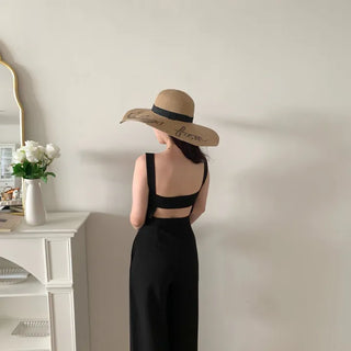 backless sleeveless nasi strap black long wide jumpsuit