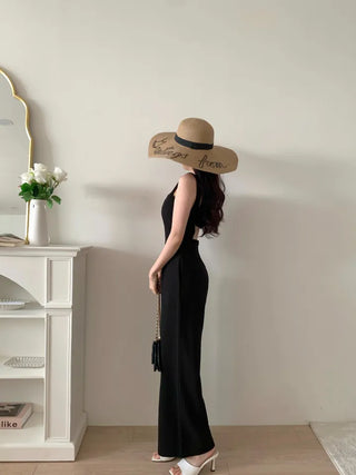 backless sleeveless nasi strap black long wide jumpsuit
