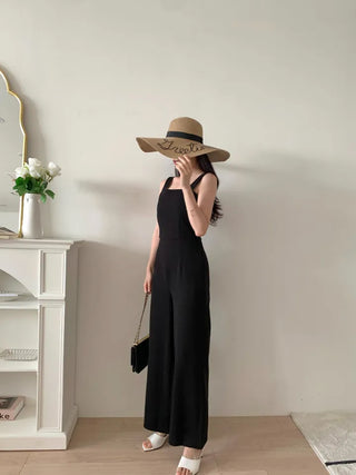 backless sleeveless nasi strap black long wide jumpsuit