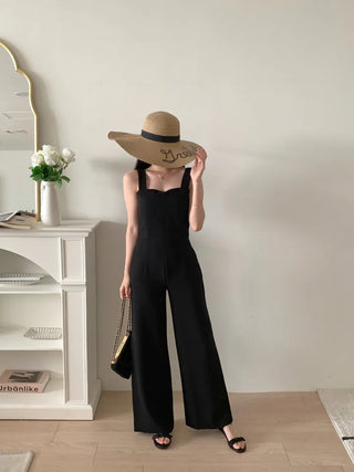 backless sleeveless nasi strap black long wide jumpsuit
