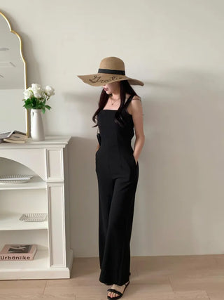 backless sleeveless nasi strap black long wide jumpsuit