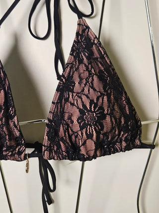 🌙Black see-through lace pendant halter neck loose fit sexy 0 bikini piece set