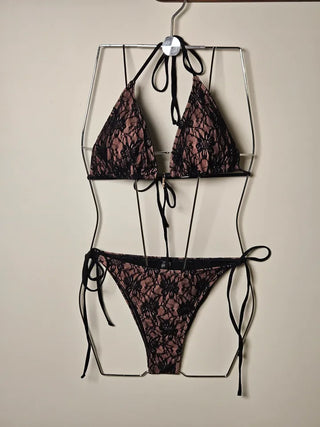 🌙Black see-through lace pendant halter neck loose fit sexy 0 bikini piece set