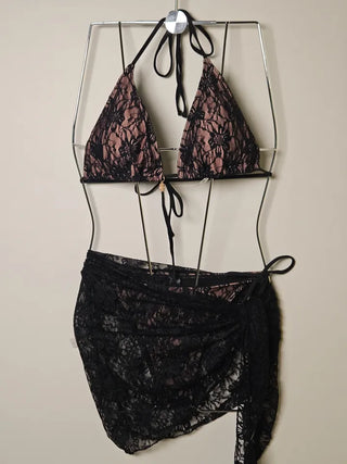 🌙Black see-through lace pendant halter neck loose fit sexy 0 bikini piece set