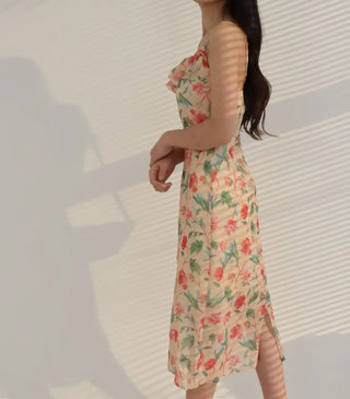 nasi sleeveless flower romantic frill H-line slim long one-piece dress