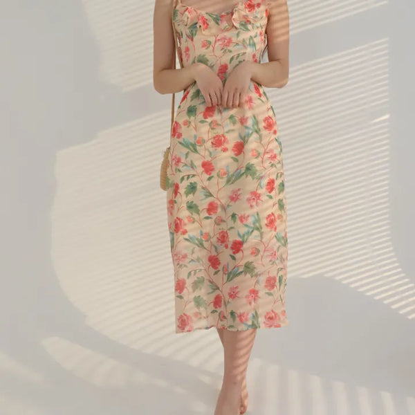 nasi sleeveless flower romantic frill H-line slim long one-piece dress