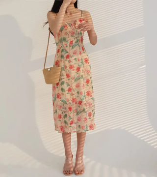 nasi sleeveless flower romantic frill H-line slim long one-piece dress