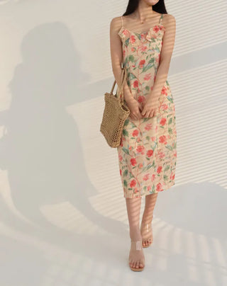 nasi sleeveless flower romantic frill H-line slim long one-piece dress