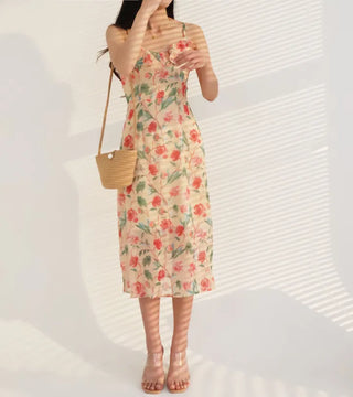 nasi sleeveless flower romantic frill H-line slim long one-piece dress