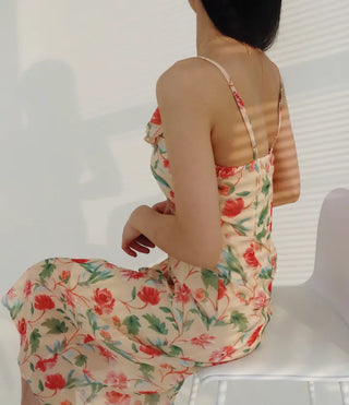 nasi sleeveless flower romantic frill H-line slim long one-piece dress