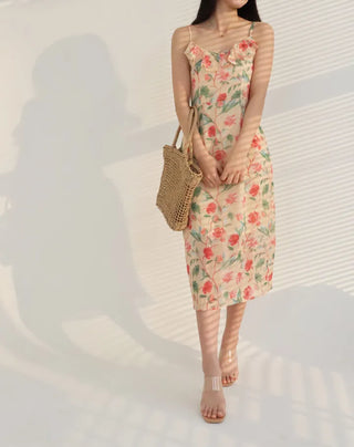 nasi sleeveless flower romantic frill H-line slim long one-piece dress