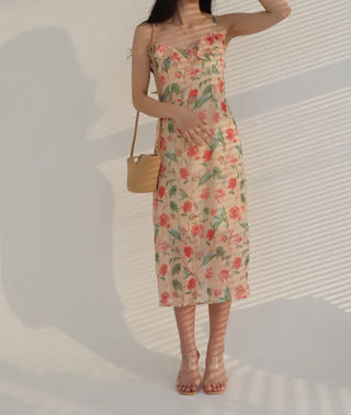 nasi sleeveless flower romantic frill H-line slim long one-piece dress