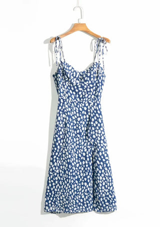 Slim Ribbon Strap Nashi Sleeveless Blue Polka Dot Long Team Chiffon One Piece