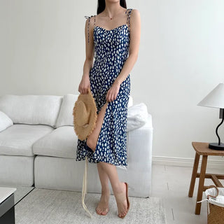 Slim Ribbon Strap Nashi Sleeveless Blue Polka Dot Long Team Chiffon One Piece