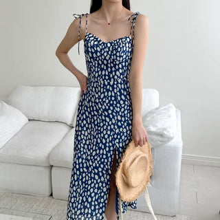 Slim Ribbon Strap Nashi Sleeveless Blue Polka Dot Long Team Chiffon One Piece