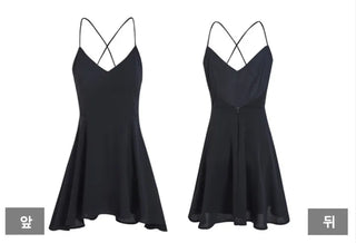black chiffon sexy backless back strap X-string A-line one-piece dress