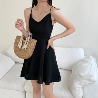black chiffon sexy backless back strap X-string A-line one-piece dress