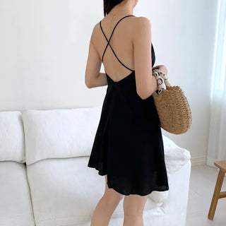 black chiffon sexy backless back strap X-string A-line one-piece dress