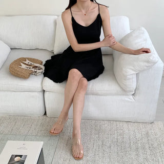 black chiffon sexy backless back strap X-string A-line one-piece dress