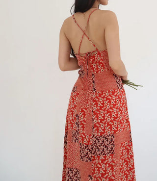 string nasi backless x-string red bohemian ethnic long one-piece