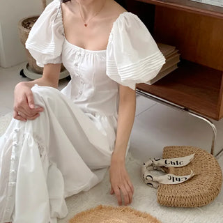 Short Sleeve Square Neck Maxi Long Dress White One Piece