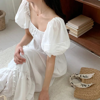 Short Sleeve Square Neck Maxi Long Dress White One Piece